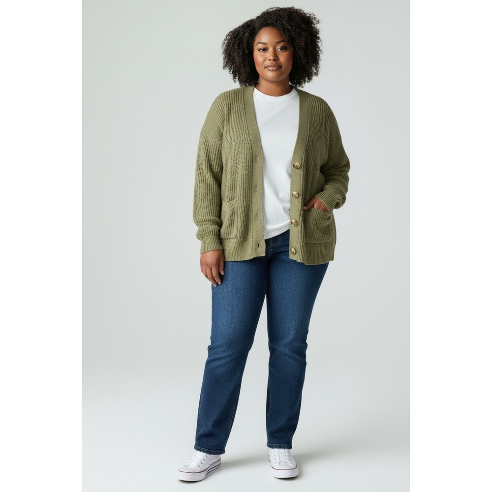 Gap Cardigan Sweater Women's Large Green Knit Classic Long Sleeve V-Neck Pockets